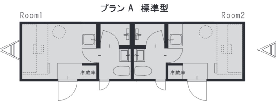 デュアルーム 平面図（プランA 標準型）1台2室・遮音壁・シャワー・トイレ・洗面