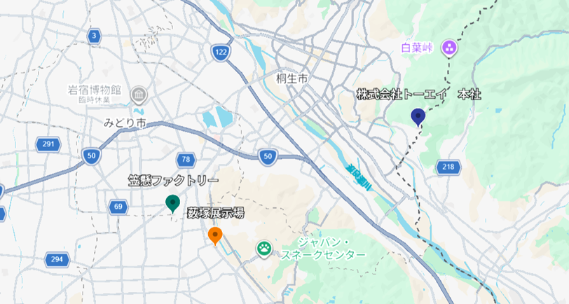 本社・笠懸ファクトリー・薮塚展示場の位置図（群馬県）